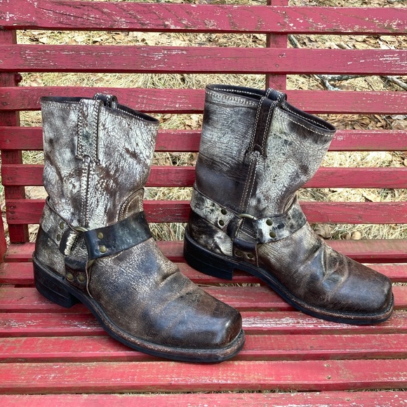 Rare FRYE 8” Harness Square Toe Vintage Leather Brown Size 9.5 - Picture 2 of 12